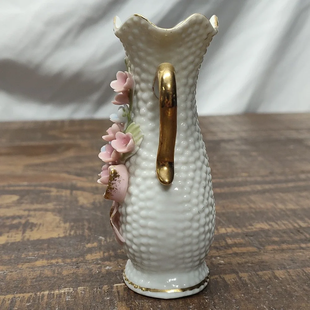 Vintage Miniature Hobnail Vase White Porcelain w/ Handles Pastel Pink blue gold